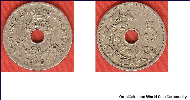 5 centimes
crowned double L-monogram for king Leopold II
large date type
French legends
Designer: A. Michaux
copper-nickel