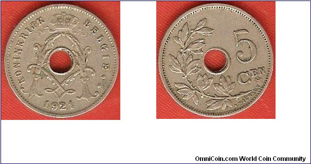 5 centimes
crowned A-monogram for king Albert I
Dutch legends
Designer: A. Michaux
copper-nickel