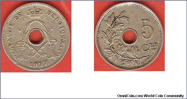 5 centimes
crowned A-monogram for king Albert I
French legends
Designer: A. Michaux
copper-nickel