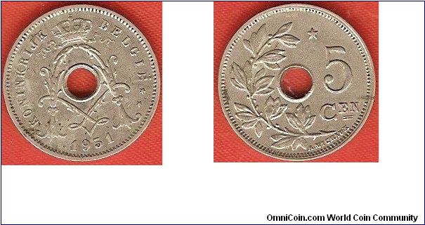 5 centimes
crowned A-monogram for king Albert I
star above denomination
Dutch legends
Designer: A. Michaux
nickel-brass