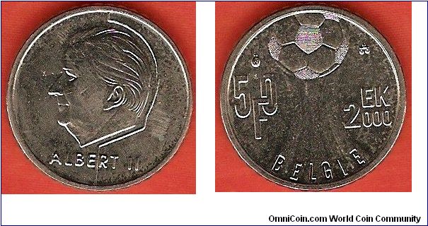 50 francs
King Albert II
Dutch legends
nickel
commemorative for the European Championships soccer in Belgium and the Netherlands
circulation issue (coin alignment)