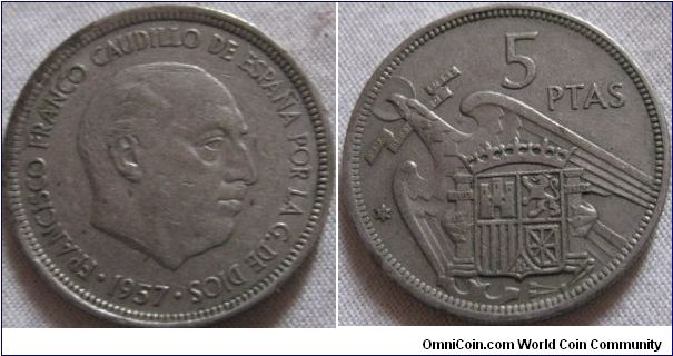 5 pesetas 1957, VF grade