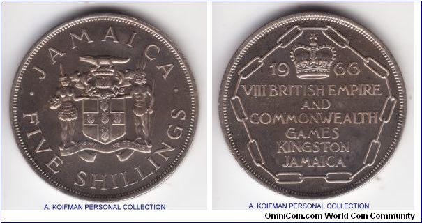 KM-40, 1966 Jamaica 5 shillings (crown) in proof; copper-nickel, reeded edge; the only crown colony's issue of the crown size coin commemorating VIII British Empire and Commonwealth Games in Kingston, Jamaica