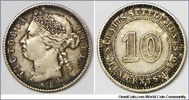 British Straits Settlements Victoria 10 Cents, 1880 H mintmark Heaton mint. Scarce date.
