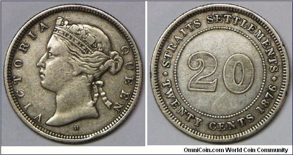 British Straits Settlements Victoria 20 Cents, 1876 H mintmark Heaton mint. Rare date or 2nd key date.