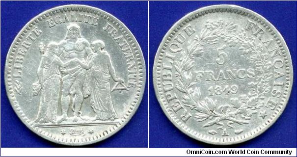 5 Francs.
Republique Francaise.
2-nd Republic.
'A' - Paris mint.
Mintage 29,338,000 units.


Ag900f. 25,0gr.