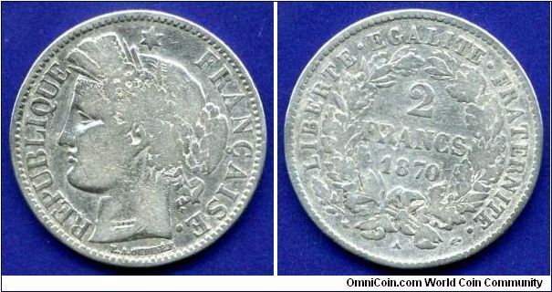 2 Francs.
Republique Francaise.
3-d Republic.
'A' - Paris mint.
Mintage 13,240,000 units.


Ag835f. 10,0gr.