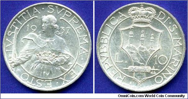 10 Lire.
Republica Di San-Marino.
'R' - Roma mint.
Mintage 15,000 units.


Ag835f. 10,0gr.