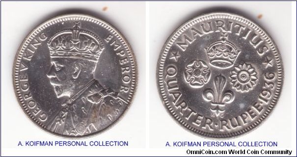 KM-15, 1936 Mauritius 1/4 rupee; silver, reeded edge; good very fine to extra fine details but dipped or cleaned