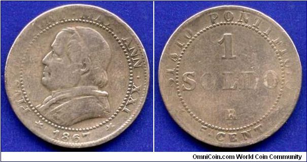 1 soldo.
Pope Pius IX (1846-1878).
Papal State.
'R' - Roma mint.
Mintage 6,500,000 units.


Cu.