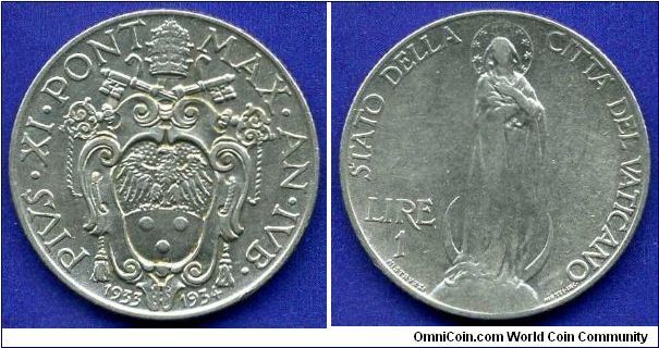 1 Lire.
Pontiff Pius XI (1922-1939).
The Jubilee (Holy) year, an extraordinary 1933-1934.
'R' - Roma mint.
Mintage 80,000 units.


Rafting Akmonital.