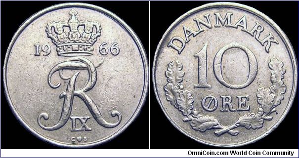 Denmark - 10 Öre - 1966 - Weight 3,0 gr - Copper / Nickel - Size 18 mm - Ruler / Fredrik IX (1947-72) - Mintage 24 160 000 - Minted in Copenhagen / Denmark - Edge : Plain - Reference KM# 849.1 (1960-71)
