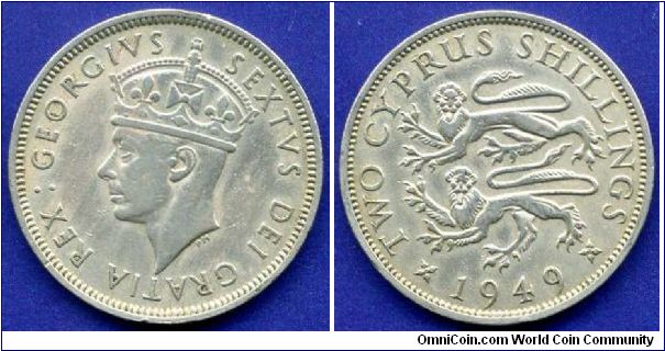 2 Cyprus shillings.
George VI (1936-1952) Dei Gratia Rex.
Mintage 720,000 units.


Cu-Ni.