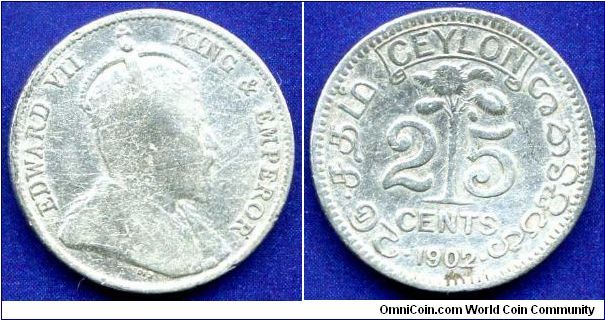 25 cents.
British Ceylon.
Edward VII (1901-1910).
Mintage 400,000 units.


Ag800f. 2,91gr.