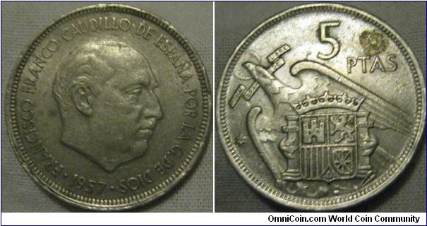 EF 5 pesetas, dated 1958 a very nice grade for the year