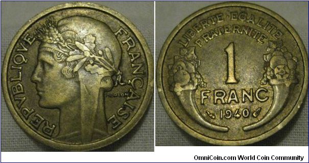 EF 1 brass 1 franc from 1940