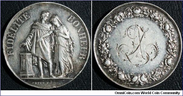 French Silver Marriage Medal by Petit 33mm.  FIDELITE BONHEUR.  Rev  AZ monogram. Edge A. Z. UNIS LE 27-7bre-1892