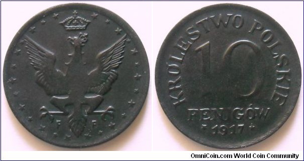10 fenigów.
1917, Fe.
German occupation.
WW I. Królestwo Polskie.
Mint Stuttgart.



