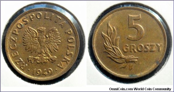 5 groszy.
1949, Brass.
Weight 3g.
Mintage 300.000.000 units.