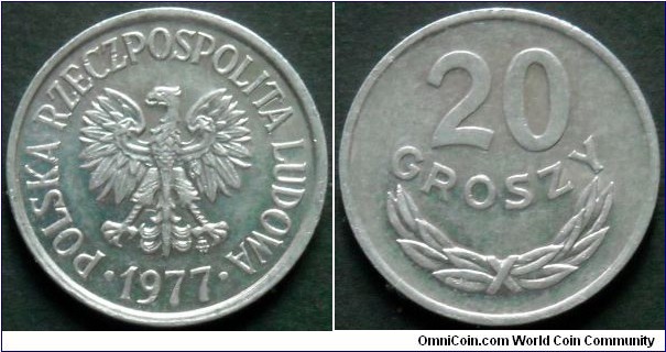 20 groszy.
1977, Aluminum.
Weight 1g.
Mintage 80.730.000 units.