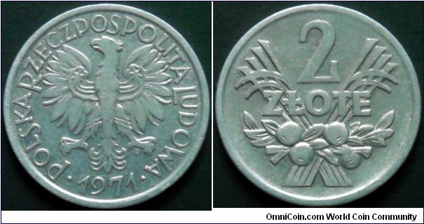 2 zlote.
1971, Aluminum.
Weight 2,7g.
Mintage 3.000.000 units.