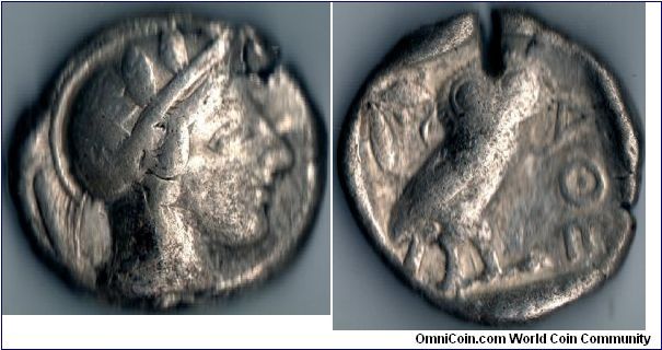 Athenian tetradrachm (owl) with test cut. Not brilliant condition but still a nice collectable coin none the less.