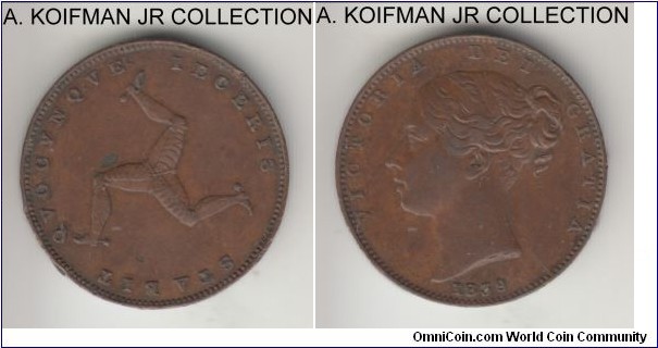 KM-12, 1839 Isle of Man farthing; bronze, plain edge; Victoria, interestingly the 2 A's in the GRATIA are actually inverted V's; raised WW on truncation, good very fine few edge knocks.