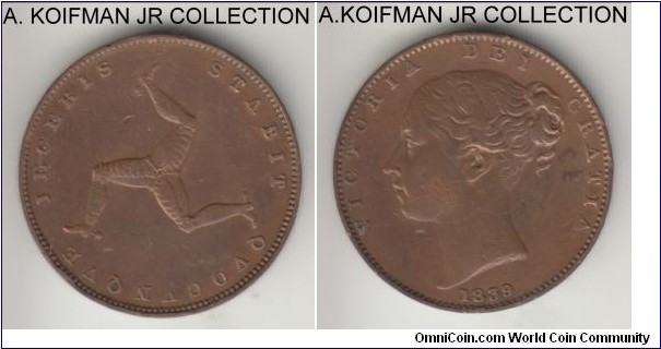 KM-12, 1839 Isle of Man farthing; copper, plain edge; Victoria, A's in GRATIA and A in STABIT on reverse are missing bars or are inverted V's, raised WW on truncation, about very fine, old cleaning.