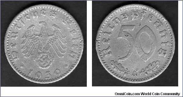 *GERMAN THIRD REICH*
___________________

50 ReichPfenning__

km# 96__

Mint Mark
(A)-Berlin__

1939-1944

