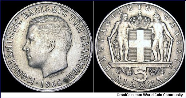Greece - 5 Drachmai - 1966 - Weight 9,2 gr - Copper-Nickel - Size 27,5 mm - Regent / Konstantinos II - Designer Vassos Phalireas - Mintage 12 000 000 - Edge : 12 000 000 - Reference KM# 91