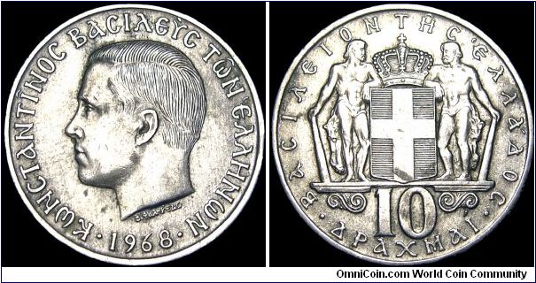 Greece - 10 Drachmai - 1968 - Weight 9,9 gr - Copper-Nickel - Size 29,9 mm - Regent / Konstantinos II - Designer / Vassos Phalireas - Mintage 40 000 000 - Edge : Plain - Reference KM# 96