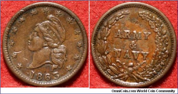 Civil War Patriotic Token 6D/309. Rarity # 3. Obverse depicts Liberty in Phrygian cap facing left above 1863. Reverse states Army & Navy surrounded by wreath.