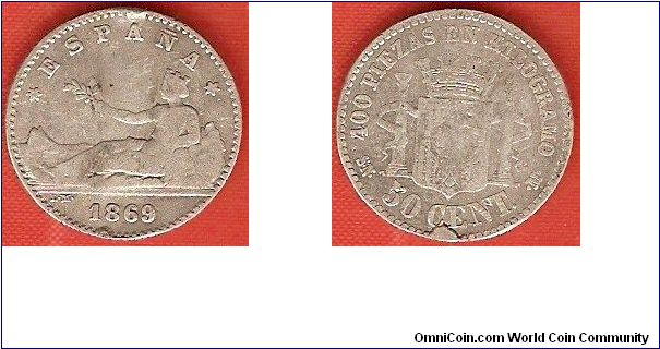 Provisional Government
50 centimos
400 pieces in a kilogram
0.835 silver