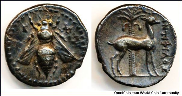 IONIA, Ephesos. Circa 202-150 BC. Silver Drachm, 4g, 19mm. Bee / Stag standing right, palm behind. A few minor old/ancient scratches. Original.  Not cleaned. Well centered. SNG Copenhagen 246. Good very fine or better.