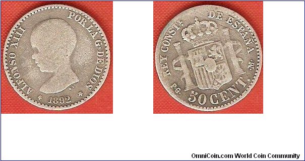 50 centimos
Alfonso XIII, by the grace of God, Constitutional King of Spain
Baby head
0.835 silver