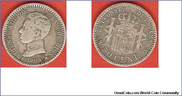 50 centimos
Alfonso XIII, by the grace of God, Constitutional King of Spain
Youth head
0.835 silver