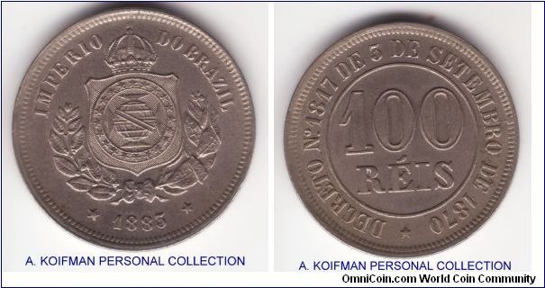 KM-477, 1883 Brazil Empire 100 reis; copper nickel, plain edge; nice uncirculated or almost so coin.