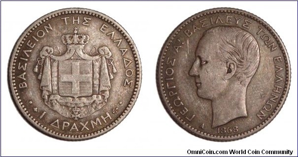 GREECE (KINGDOM)~1 Drachma 1868. Under King: George I.