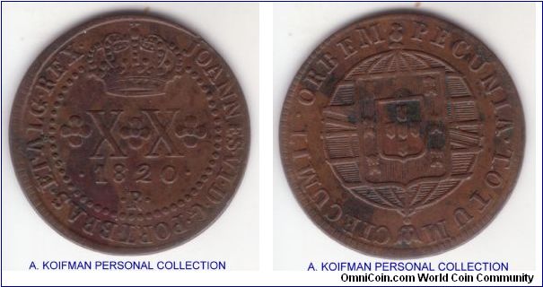 KM-316.1, 1820 Brazil Colony XX (20) reis, Rio mint; copper; another nive very fine condition, this one is a star on the crown variety with the small crown high above denomination