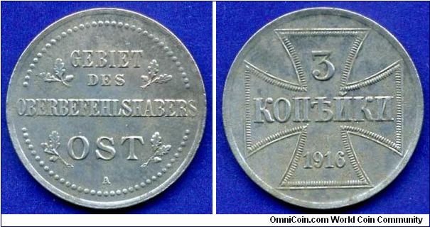 3 kopeeks.
*OST*.
Issued under the authority of the German Military Commander of the East. Military coinage WWI.
'A' - Berlin mint.
Mintage 8,670,000 units.


Fe.