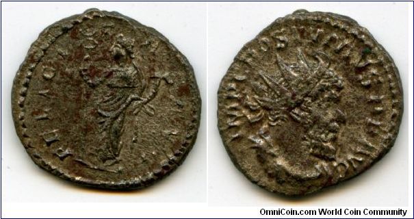 260-269Ad
Postumus
1st emperor of the breakaway Gallic Empire 
AR Antoninianus
IMP C POSTVMVS P F AVG, radiate, draped & cuirassed bust right 
FELICI-TAS AVG, Felicitas standing left with long caduceus & cornucopiae