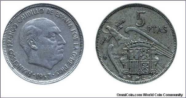 Spain, 5 pesetas, 1957, Cu-Ni, Franco.                                                                                                                                                                                                                                                                                                                                                                                                                                                                              