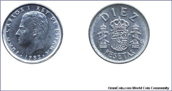 Spain, 10 pesetas, 1983, Cu-Ni, King Juan Carlos I.                                                                                                                                                                                                                                                                                                                                                                                                                                                                 