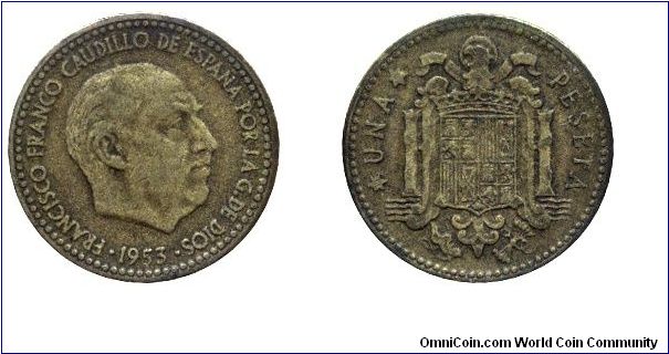 Spain, 1 peseta, 1953, Al-Bronze, Franco.                                                                                                                                                                                                                                                                                                                                                                                                                                                                           