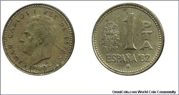 Spain, 1 peseta, 1982, Al-Bronze, Soccer World Championship, Spain, 1982, King Juan Carlos I.                                                                                                                                                                                                                                                                                                                                                                                                                       