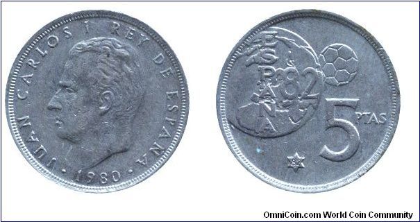 Spain, 5 pesetas, 1982, Cu-Ni, Soccer World Championship Spain, 1982, King Juan Carlos I.                                                                                                                                                                                                                                                                                                                                                                                                                           