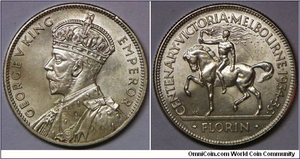 Aussie scarcest commemorative coin, 'Centennial of Victoria and Melbourne' Florin, No date (1934), Obv. Crowned bust left. Rev. Horse prancing left with rider torch. Sterling silver .3363 oz. ASW., 11.31g, 28.5mm. Dipped. Near mint state.