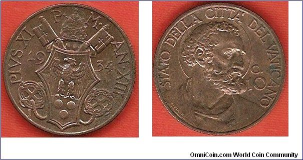 10 centesimi
head of St. Peter
Pius XI, Anno XIII
bronze
mintage 90,000