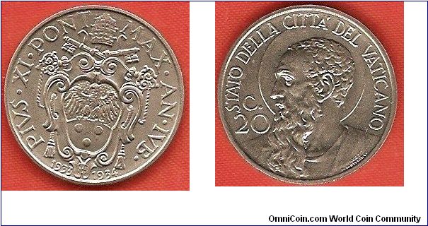 20 centesimi
head of St. Paul
Pius XI 
Jubilee year 1933-1934
nickel
mintage 80,000