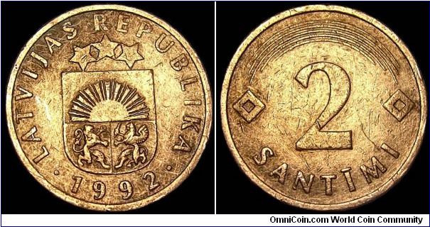 Latvia - 2 Santimi - 1992 - Weight 1,9 gr - Copper / Clad Steel - Size 17,00 mm - Designer Gunars Lusis and Janis Strupulis - Edge : Plain - Reference KM# 21